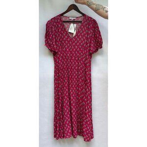 Olivaceous Midi Dress, Short Sleeve, V-Neck, Deep Pink with Floral Print, Size L